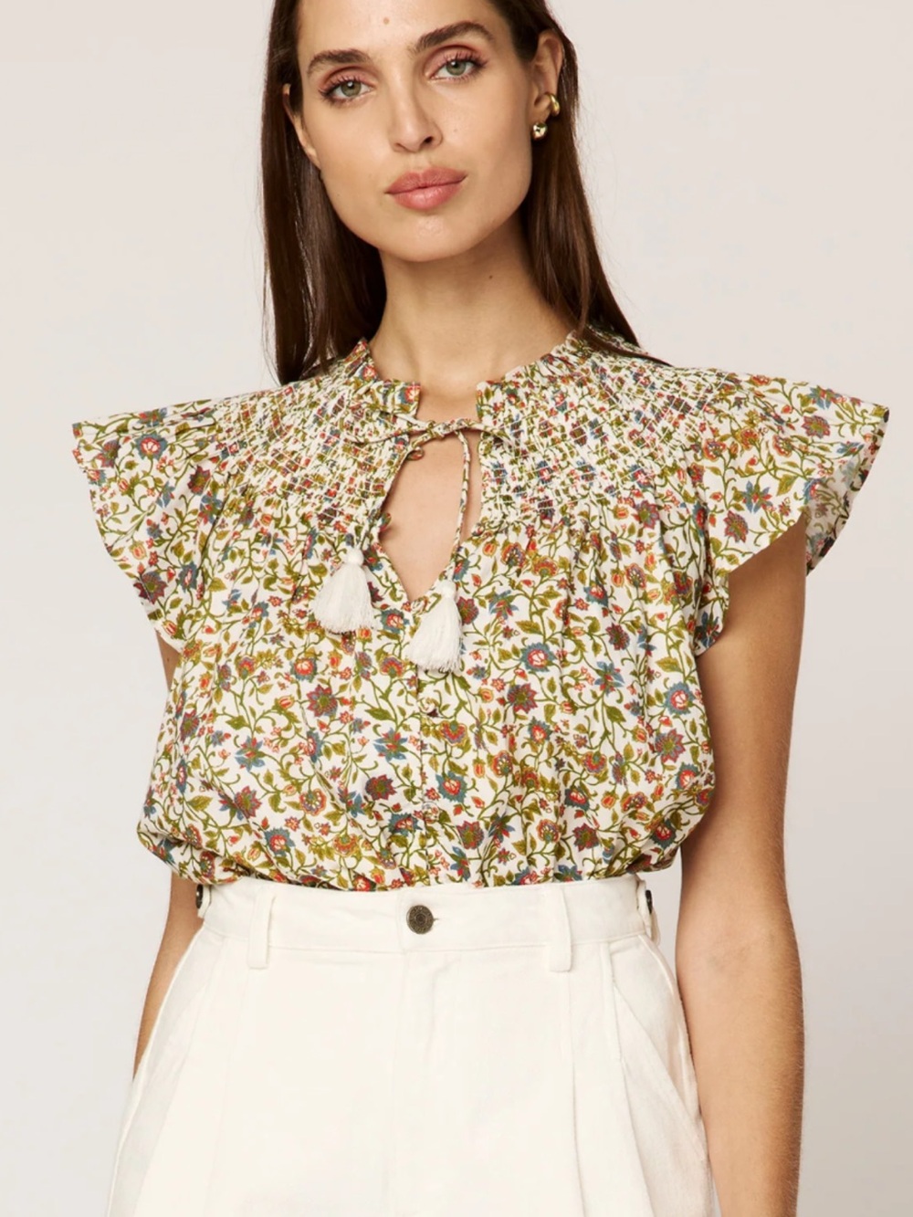Cleobella Cream Smocked Floral Blouse with Green & Red Print